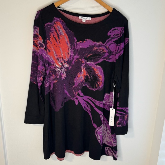 Chico's Sweaters - NWT Chico’s Black and Purple Floral Pullover Sweater Tunic XXL